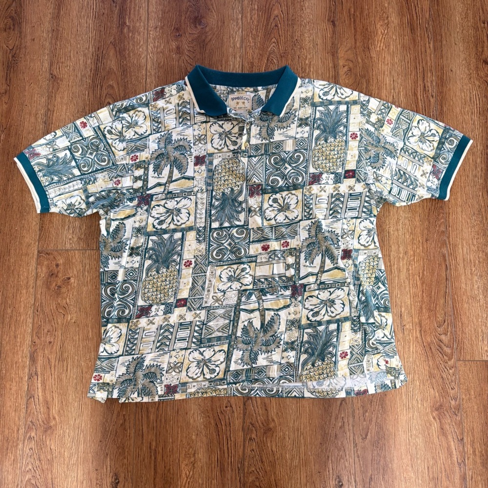 Bamboo Cay Mens XXL Tropical Palm Tree 100% Cotton Polo AOP Shirt Green Resort